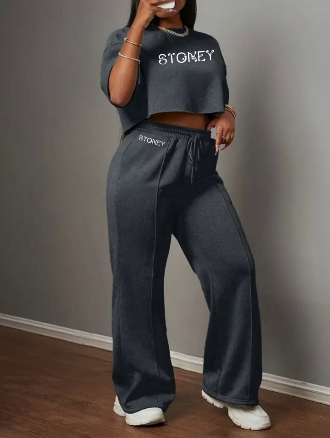2millionstoneys Women's Short Sleeve Crop Top and Loose sweat Pants Set