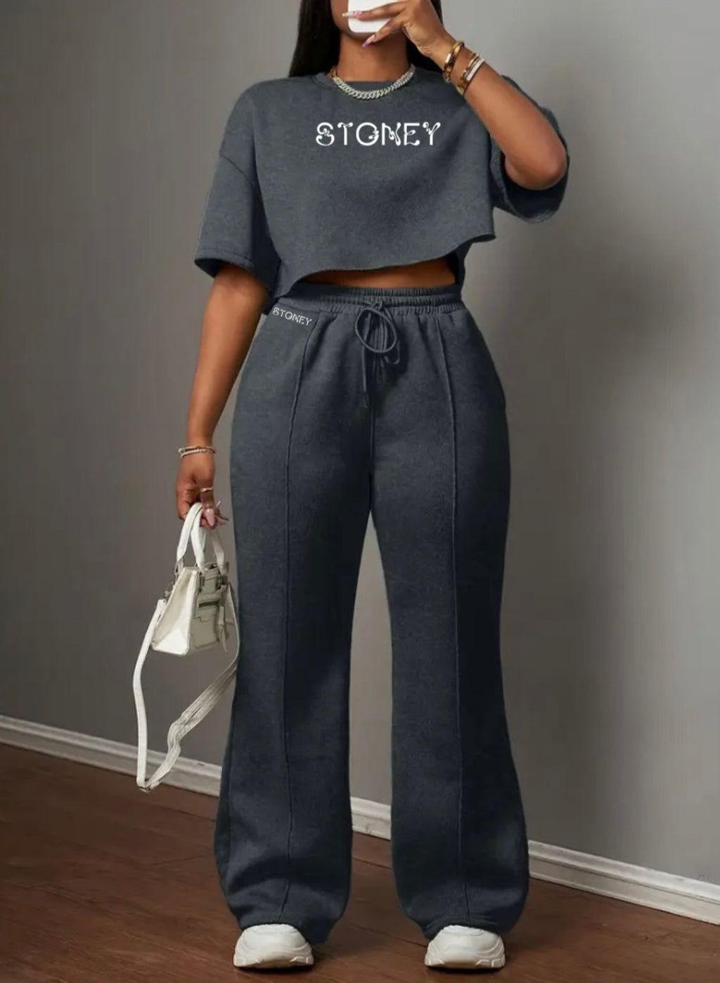 2millionstoneys Women's Short Sleeve Crop Top and Loose sweat Pants Set