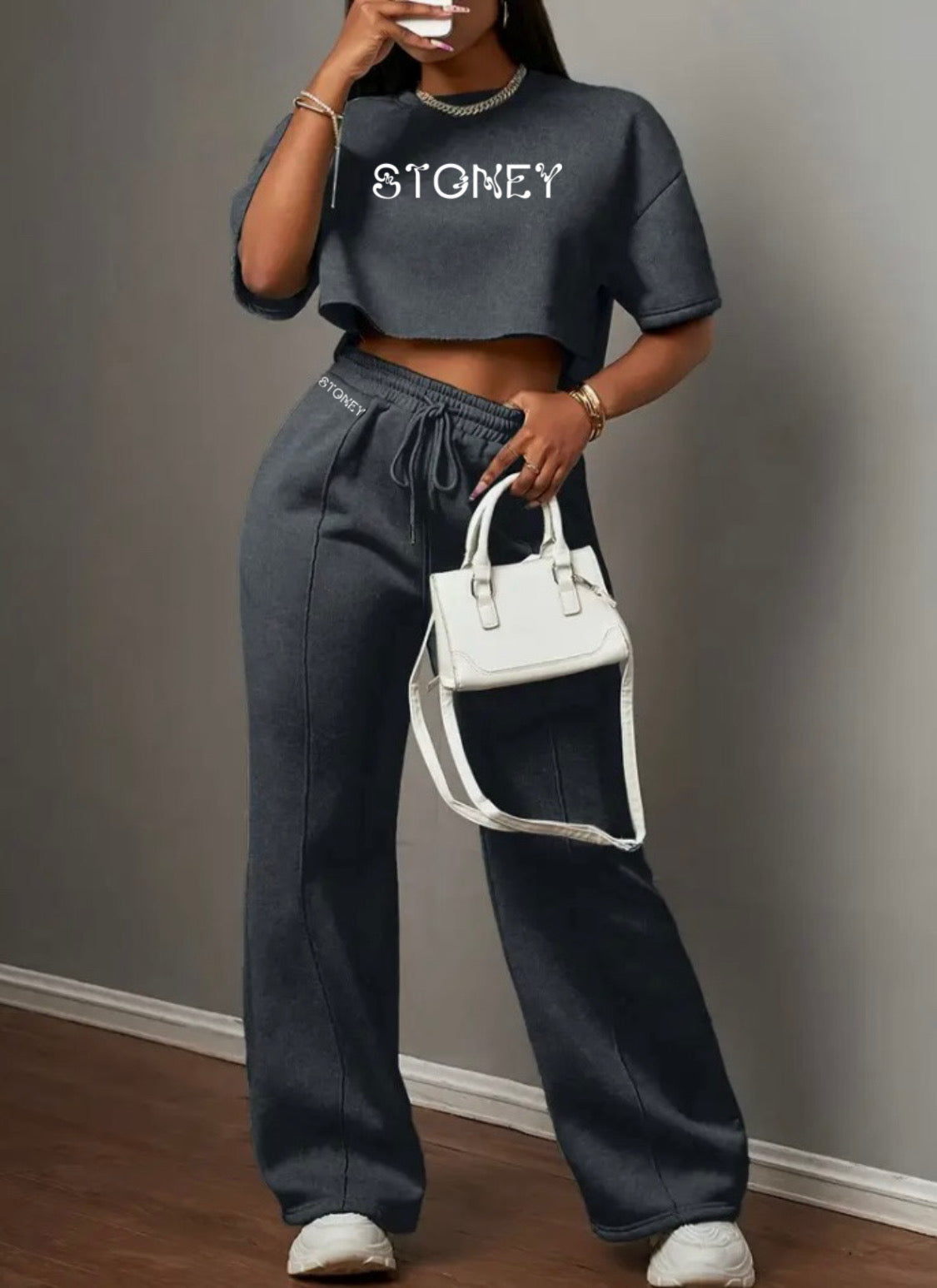 2millionstoneys Women's Short Sleeve Crop Top and Loose sweat Pants Set